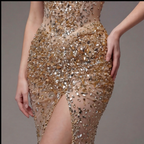 Nude Gold Off-Shoulder Mermaid Gown with Sheer Corset Bodice, Crystal Embellishments, High Slit and Glitter Tulle Train