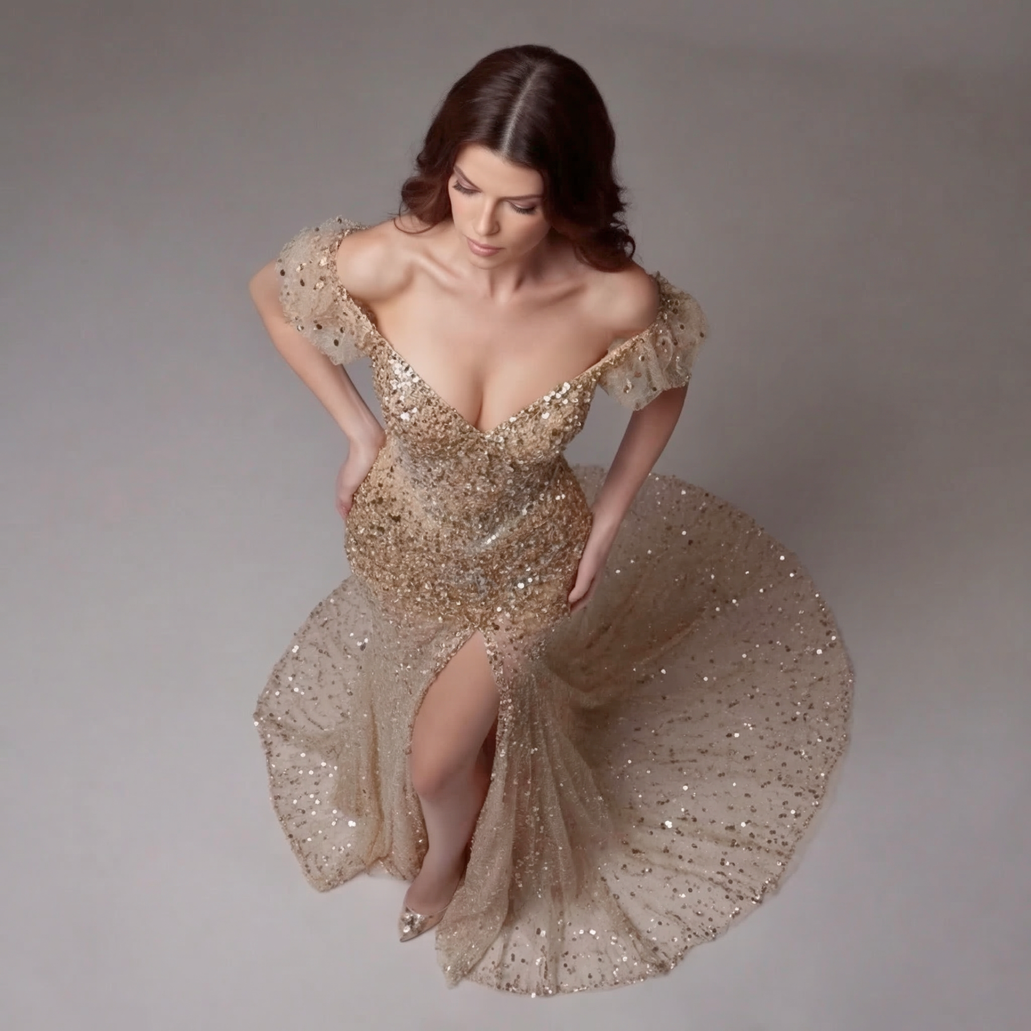 Nude Gold Off-Shoulder Mermaid Gown with Sheer Corset Bodice, Crystal Embellishments, High Slit and Glitter Tulle Train