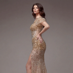 Nude Gold Off-Shoulder Mermaid Gown with Sheer Corset Bodice, Crystal Embellishments, High Slit and Glitter Tulle Train