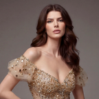 Nude Gold Off-Shoulder Mermaid Gown with Sheer Corset Bodice, Crystal Embellishments, High Slit and Glitter Tulle Train