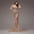 Nude Gold Off-Shoulder Mermaid Gown with Sheer Corset Bodice, Crystal Embellishments, High Slit and Glitter Tulle Train