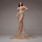 Nude Gold Off-Shoulder Mermaid Gown with Sheer Corset Bodice, Crystal Embellishments, High Slit and Glitter Tulle Train