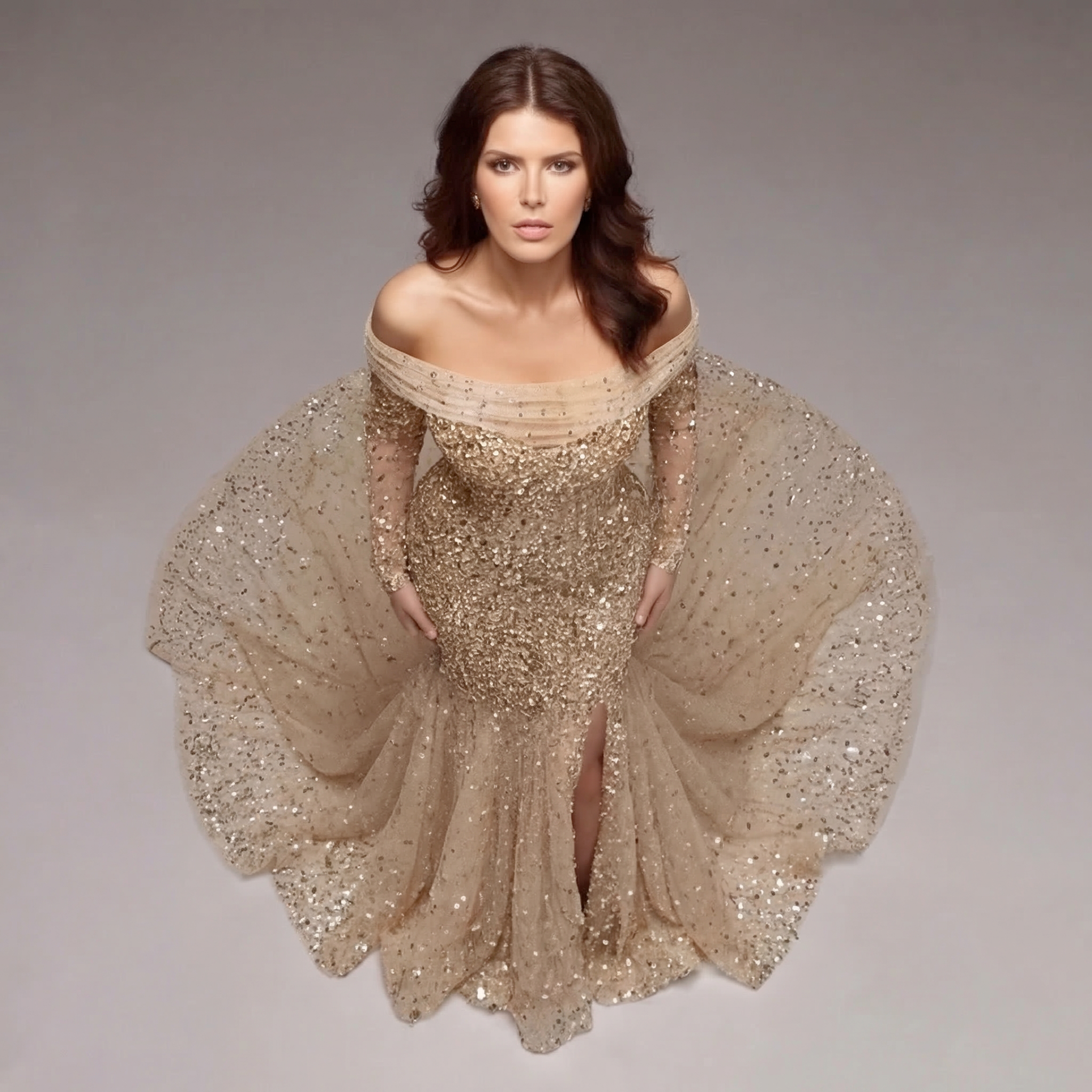 Nude Gold Off-Shoulder Mermaid Gown with Sheer Corset Bodice, Long Illusion Sleeves, Crystal Embellishments and High Slit Train