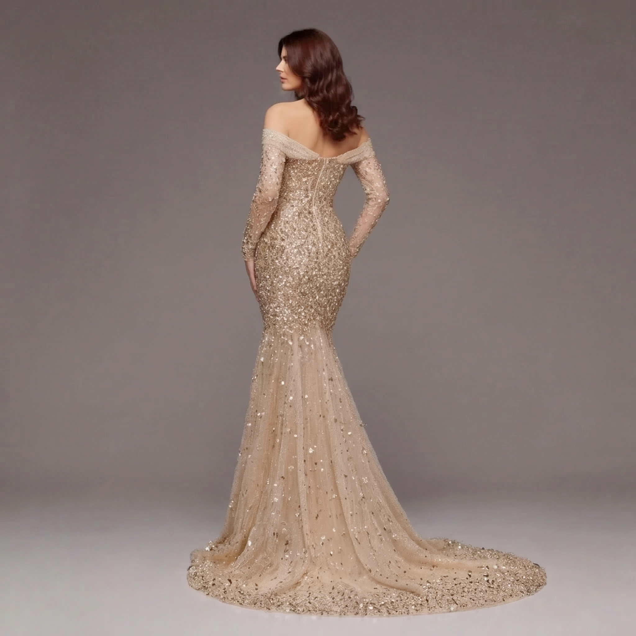 Nude Gold Off-Shoulder Mermaid Gown with Sheer Corset Bodice, Long Illusion Sleeves, Crystal Embellishments and High Slit Train