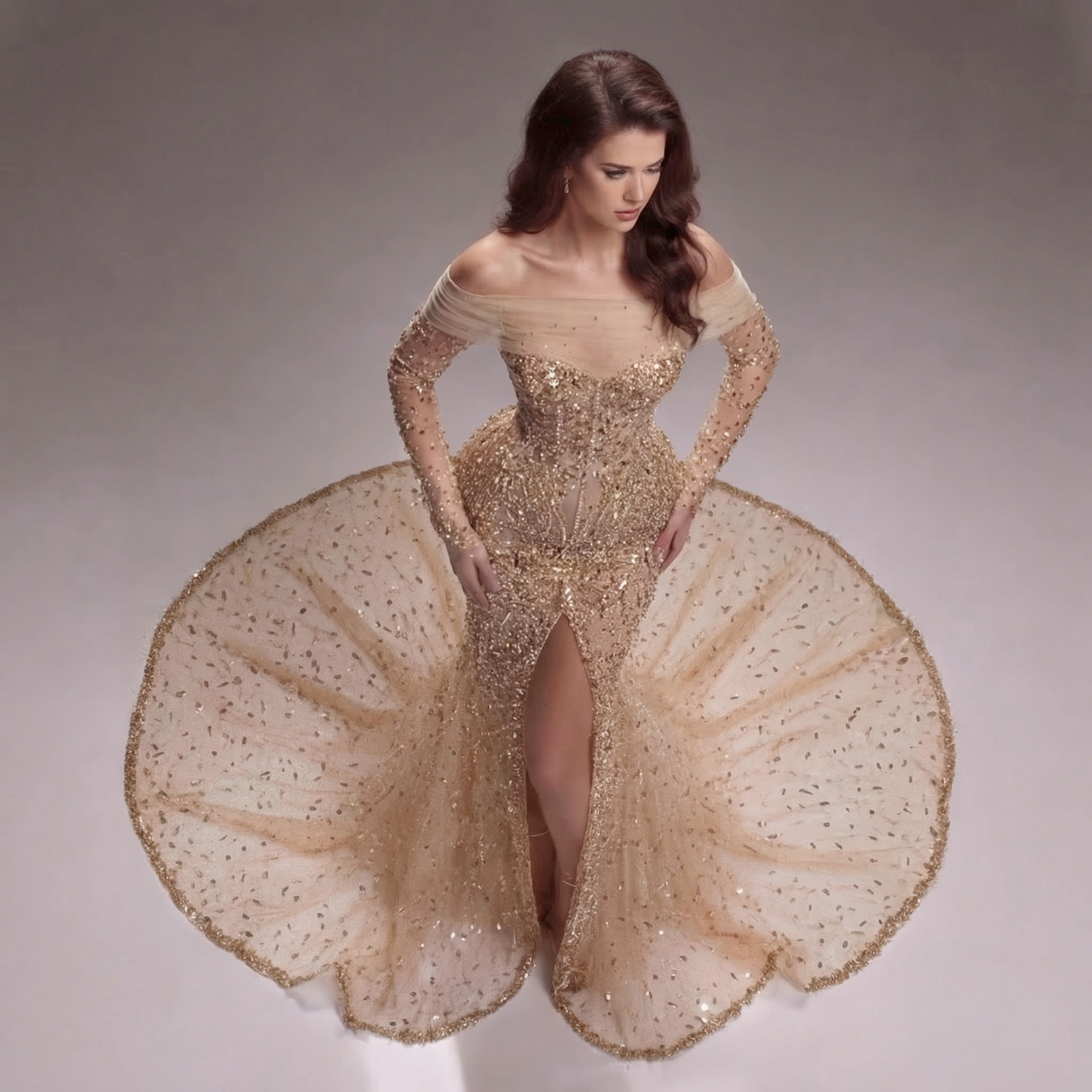 Nude Gold Off-Shoulder Mermaid Gown with Illusion Long Sleeves, Sheer Corset Bodice, Crystal Embellishments and High Slit Train