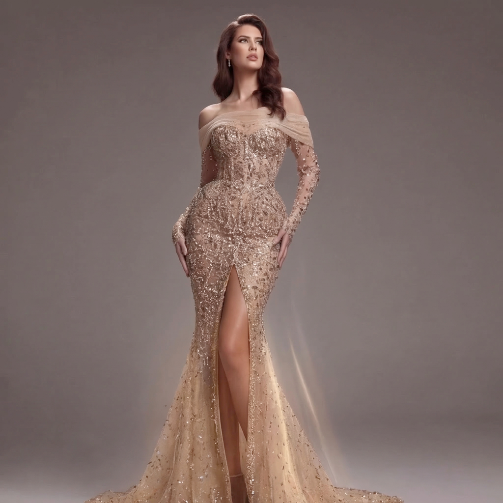Nude Gold Off-Shoulder Mermaid Gown with Illusion Long Sleeves, Sheer Corset Bodice, Crystal Embellishments and High Slit Train