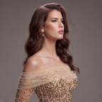 Nude Gold Off-Shoulder Mermaid Gown with Illusion Long Sleeves, Sheer Corset Bodice, Crystal Embellishments and High Slit Train