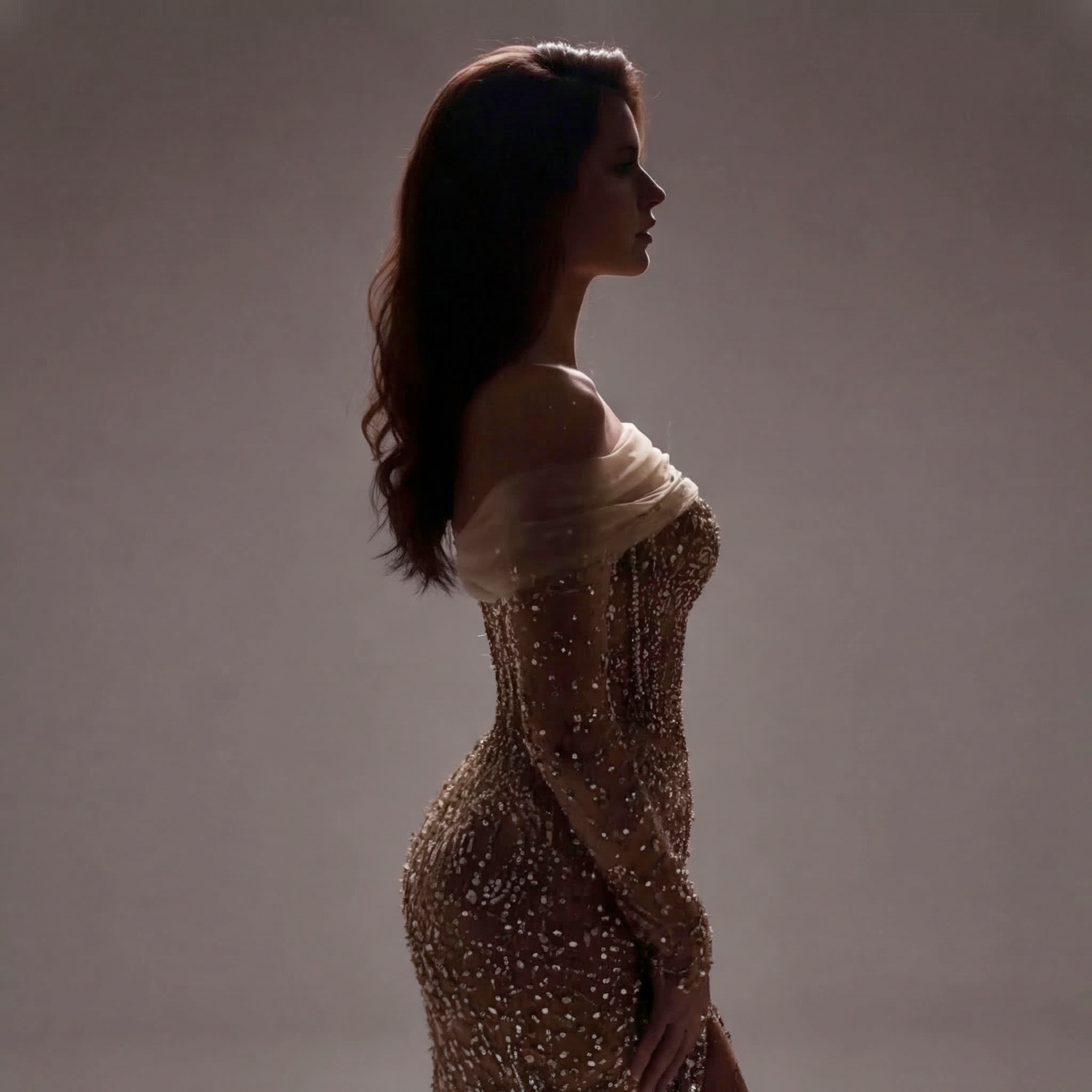 Nude Gold Off-Shoulder Mermaid Gown with Illusion Long Sleeves, Sheer Corset Bodice, Crystal Embellishments and High Slit Train