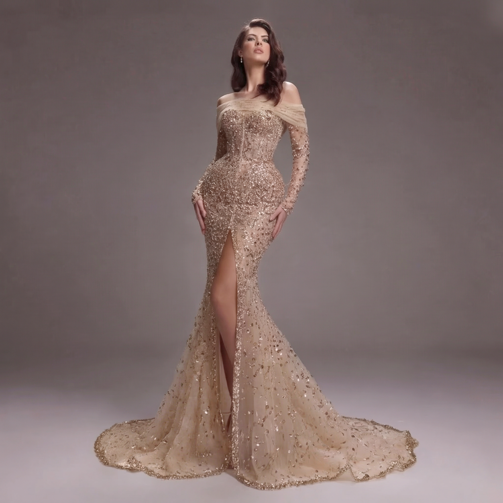 Nude Gold Off-Shoulder Mermaid Gown with Illusion Long Sleeves, Sheer Corset Bodice, Crystal Embellishments and High Slit Train