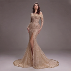Nude Gold Off-Shoulder Mermaid Gown with Illusion Long Sleeves, Sheer Corset Bodice, Crystal Embellishments and High Slit Train