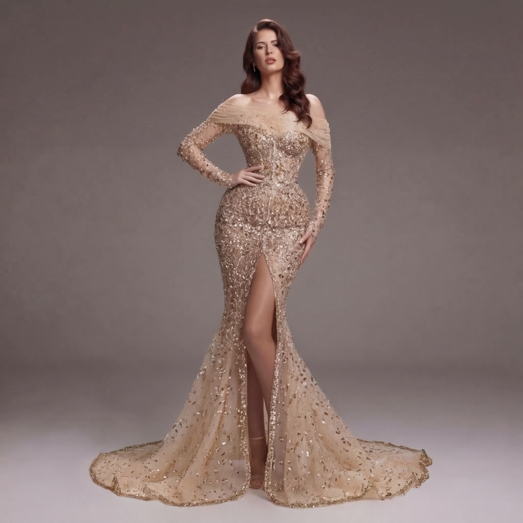 Nude Gold Off-Shoulder Mermaid Gown with Illusion Long Sleeves, Sheer Corset Bodice, Crystal Embellishments and High Slit Train