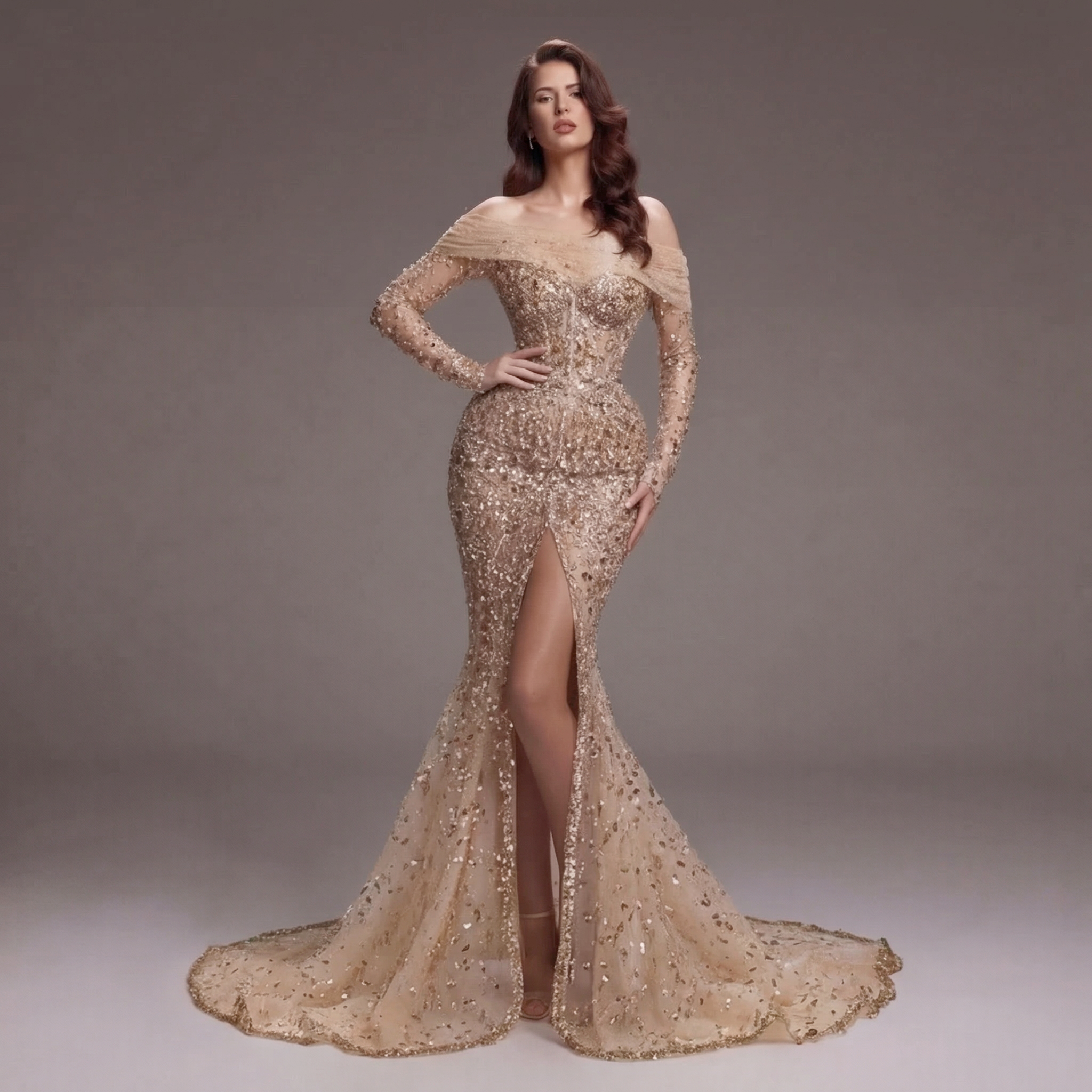 Nude Gold Off-Shoulder Mermaid Gown with Illusion Long Sleeves, Sheer Corset Bodice, Crystal Embellishments and High Slit Train