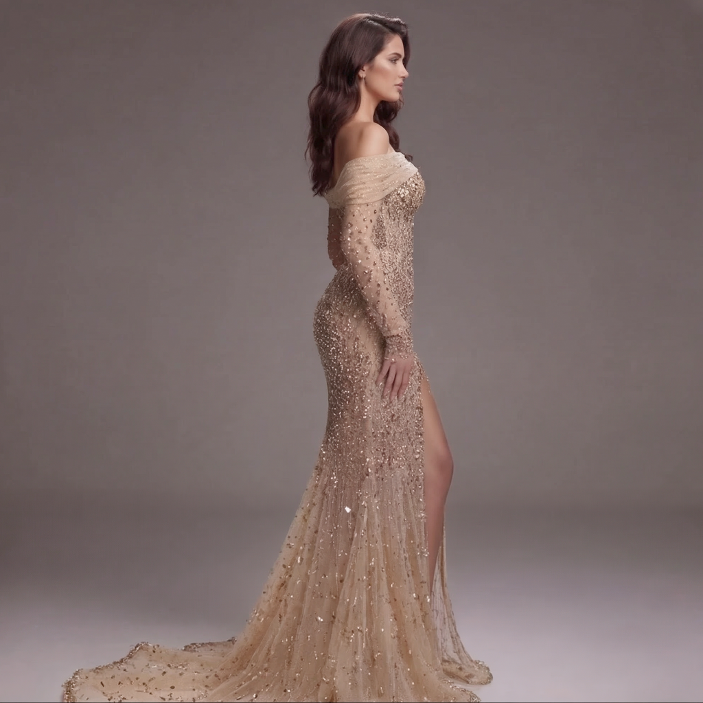 Nude Gold Off-Shoulder Mermaid Gown with Illusion Long Sleeves, Sheer Corset Bodice, Crystal Embellishments and High Slit Train