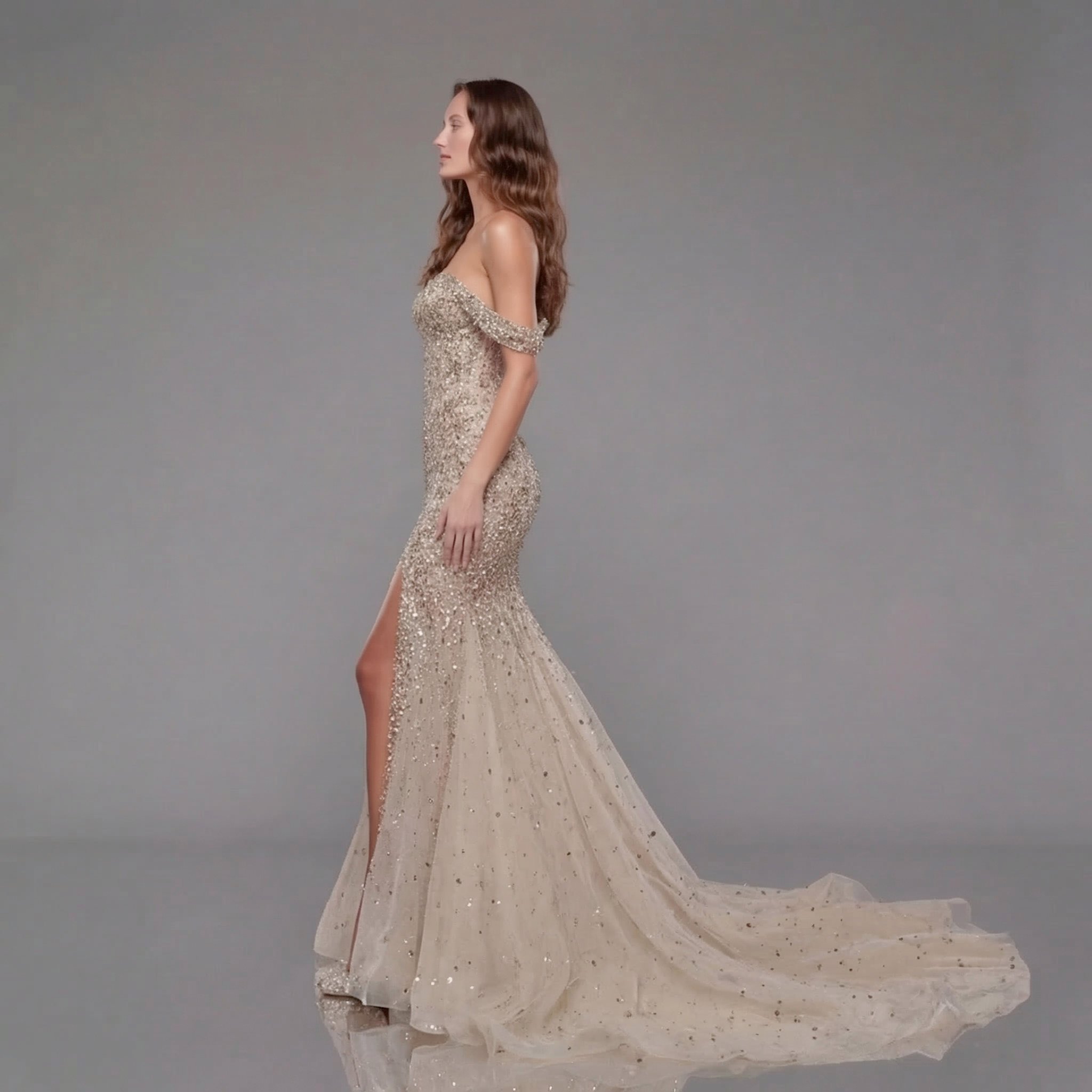 Champagne Off-Shoulder Mermaid Gown with Crystal Embellishments, Sheer Corset Bodice, High Slit and Flowing Train