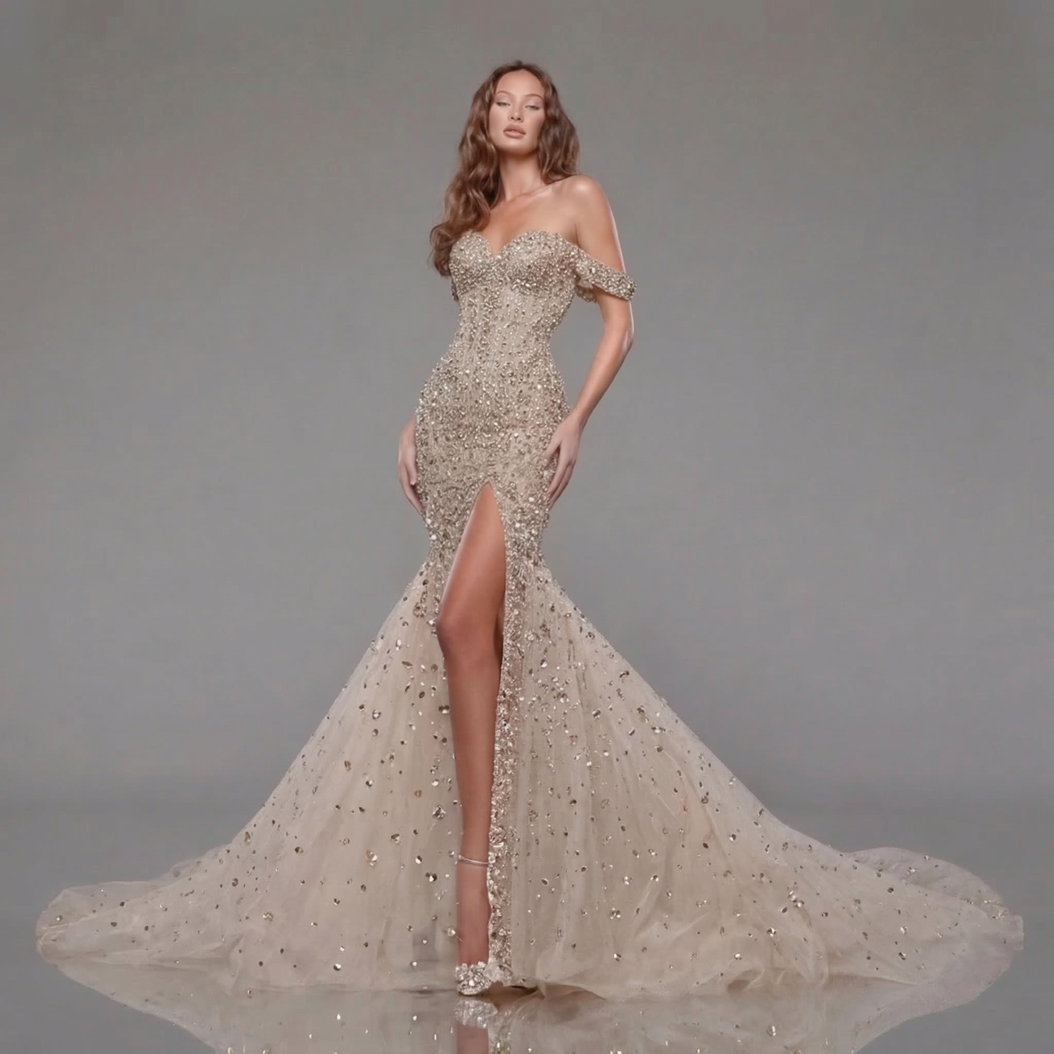 Champagne Off-Shoulder Mermaid Gown with Crystal Embellishments, Sheer Corset Bodice, High Slit and Flowing Train