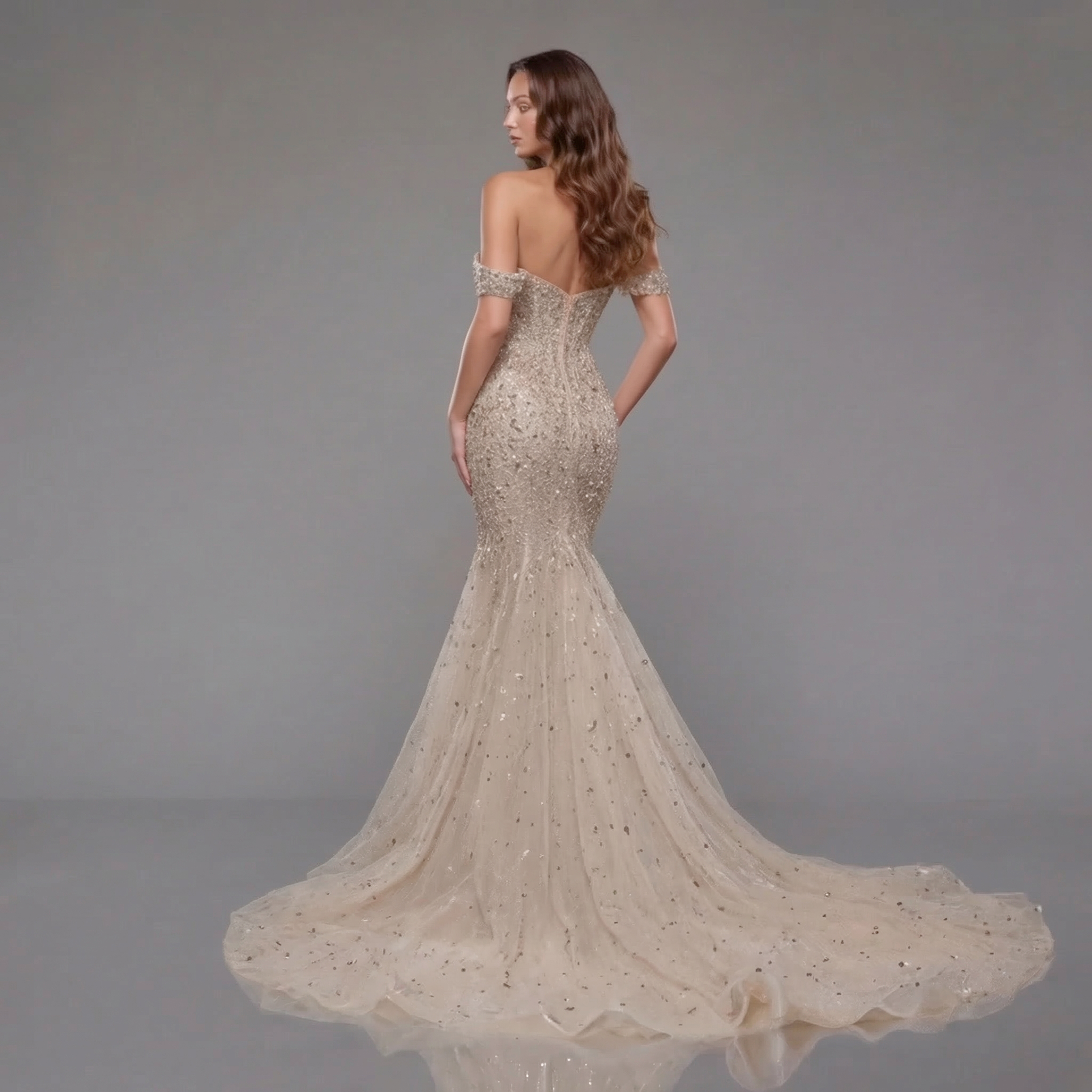 Champagne Off-Shoulder Mermaid Gown with Crystal Embellishments, Sheer Corset Bodice, High Slit and Flowing Train
