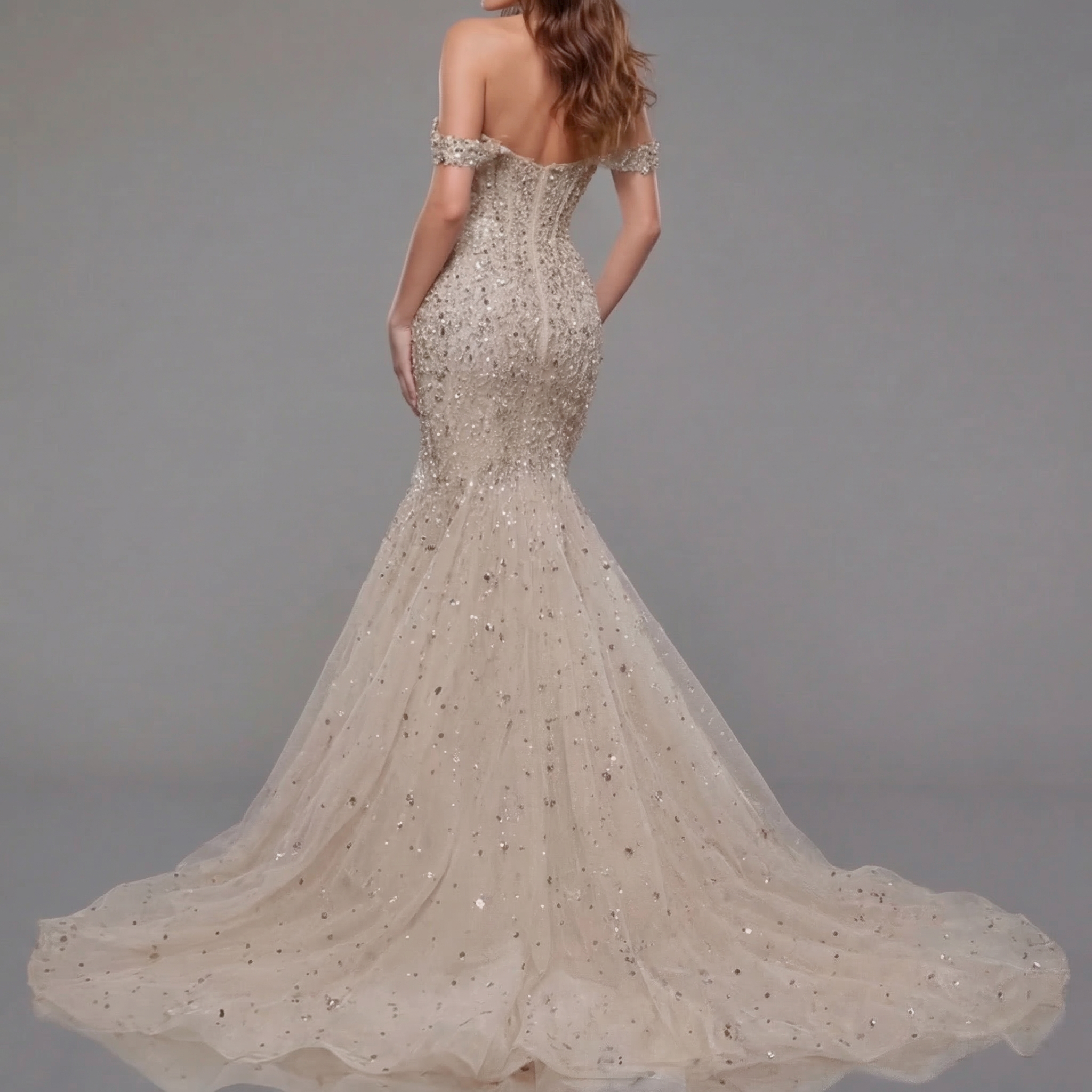 Champagne Off-Shoulder Mermaid Gown with Crystal Embellishments, Sheer Corset Bodice, High Slit and Flowing Train