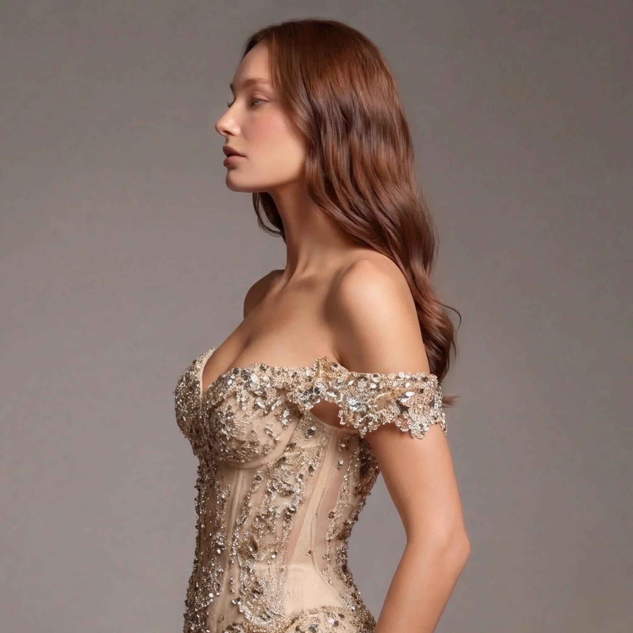 Champagne Off-Shoulder Mermaid Gown with Corset Back, Crystal Embellishments, High Slit and Tulle Train