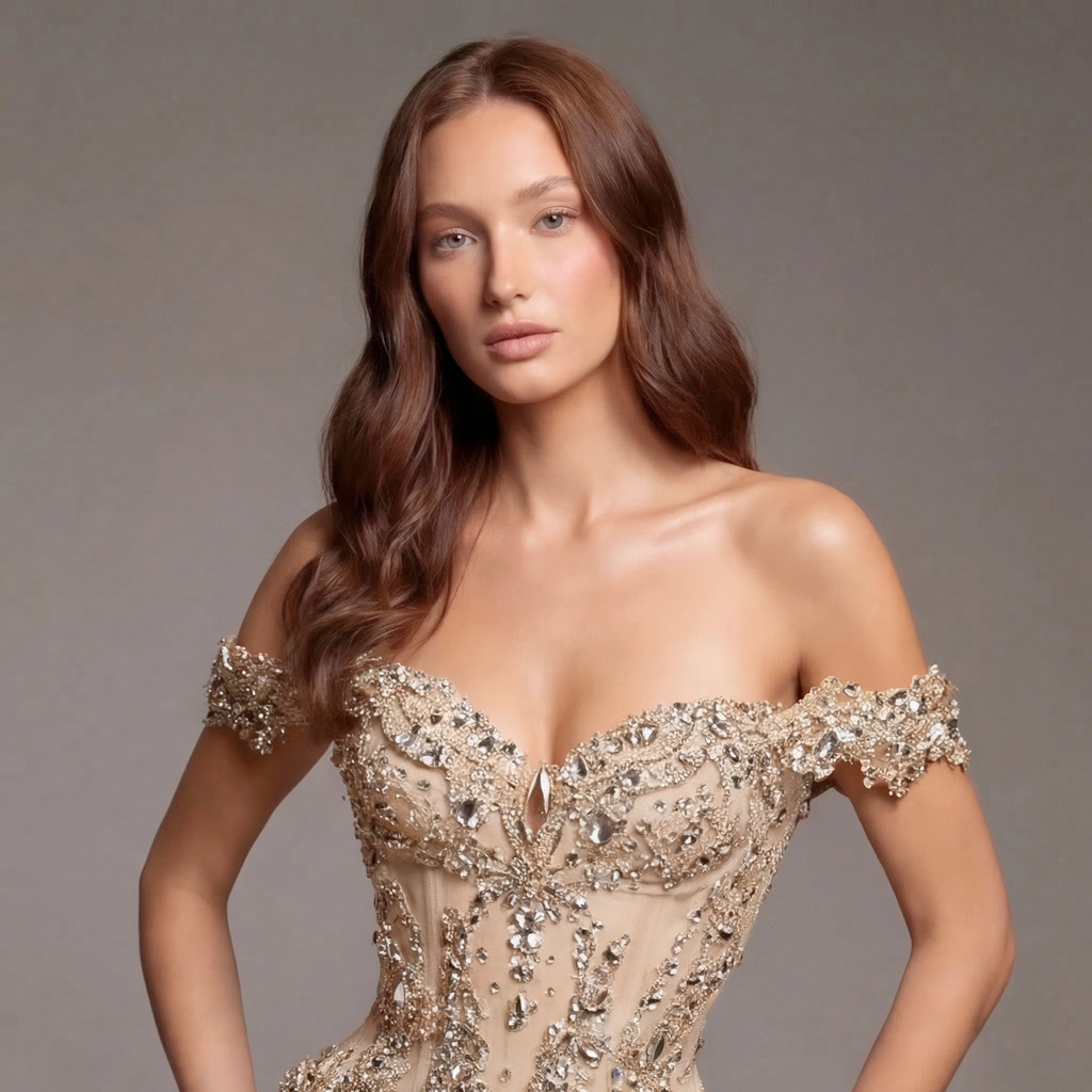 Champagne Off-Shoulder Mermaid Gown with Corset Back, Crystal Embellishments, High Slit and Tulle Train