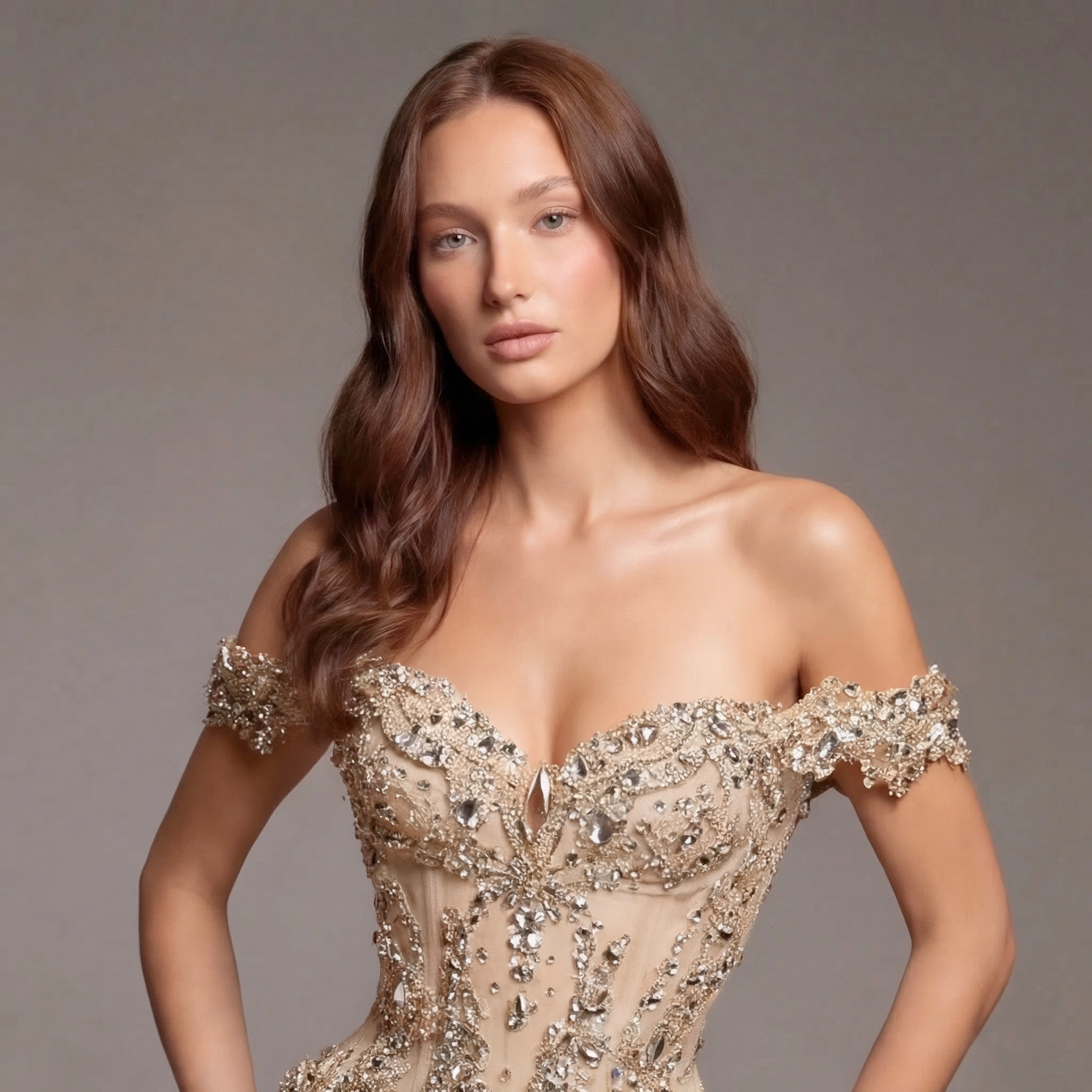 Champagne Off-Shoulder Mermaid Gown with Corset Back, Crystal Embellishments, High Slit and Tulle Train