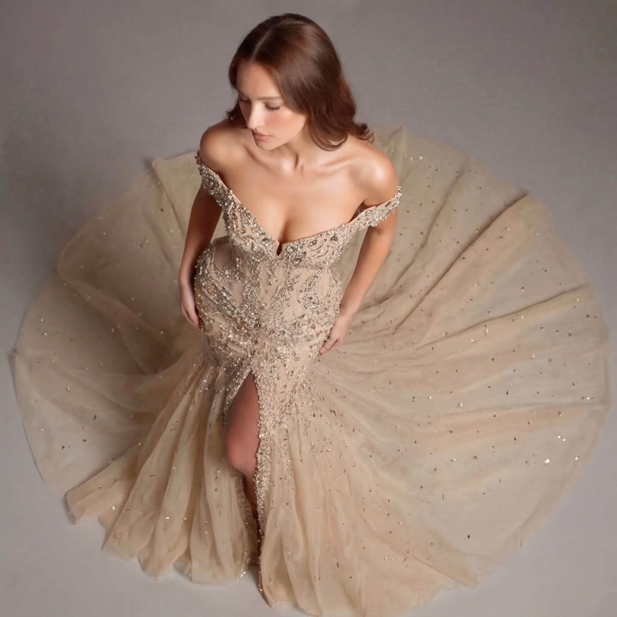 Champagne Off-Shoulder Mermaid Gown with Corset Back, Crystal Embellishments, High Slit and Tulle Train