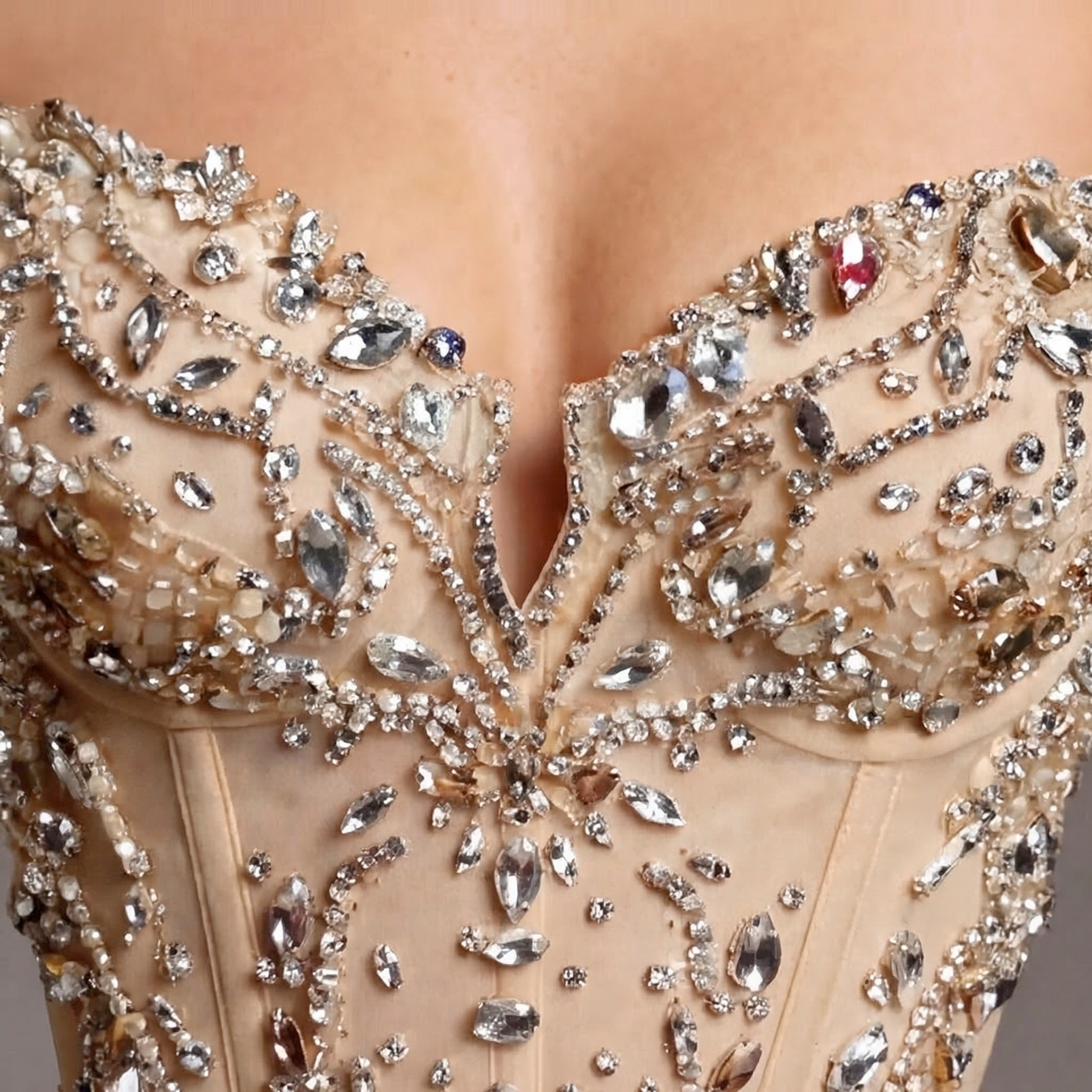 Champagne Off-Shoulder Mermaid Gown with Corset Back, Crystal Embellishments, High Slit and Tulle Train