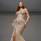 Champagne Off-Shoulder Mermaid Gown with Crystal Embellishments, Sculpted Corset Bodice, High Slit and Soft Tulle Train