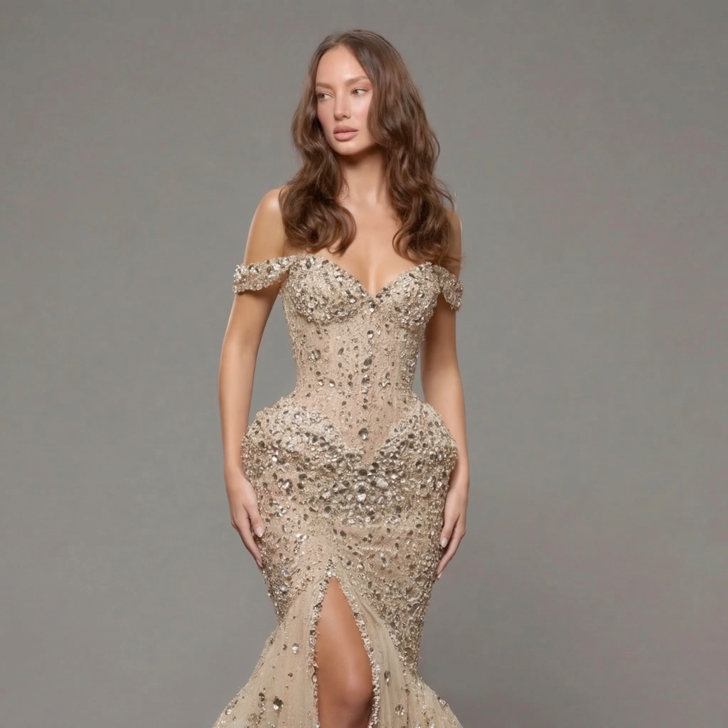 Champagne Off-Shoulder Mermaid Gown with Crystal Embellishments, Sculpted Corset Bodice, High Slit and Soft Tulle Train