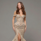 Champagne Off-Shoulder Mermaid Gown with Crystal Embellishments, Sculpted Corset Bodice, High Slit and Soft Tulle Train