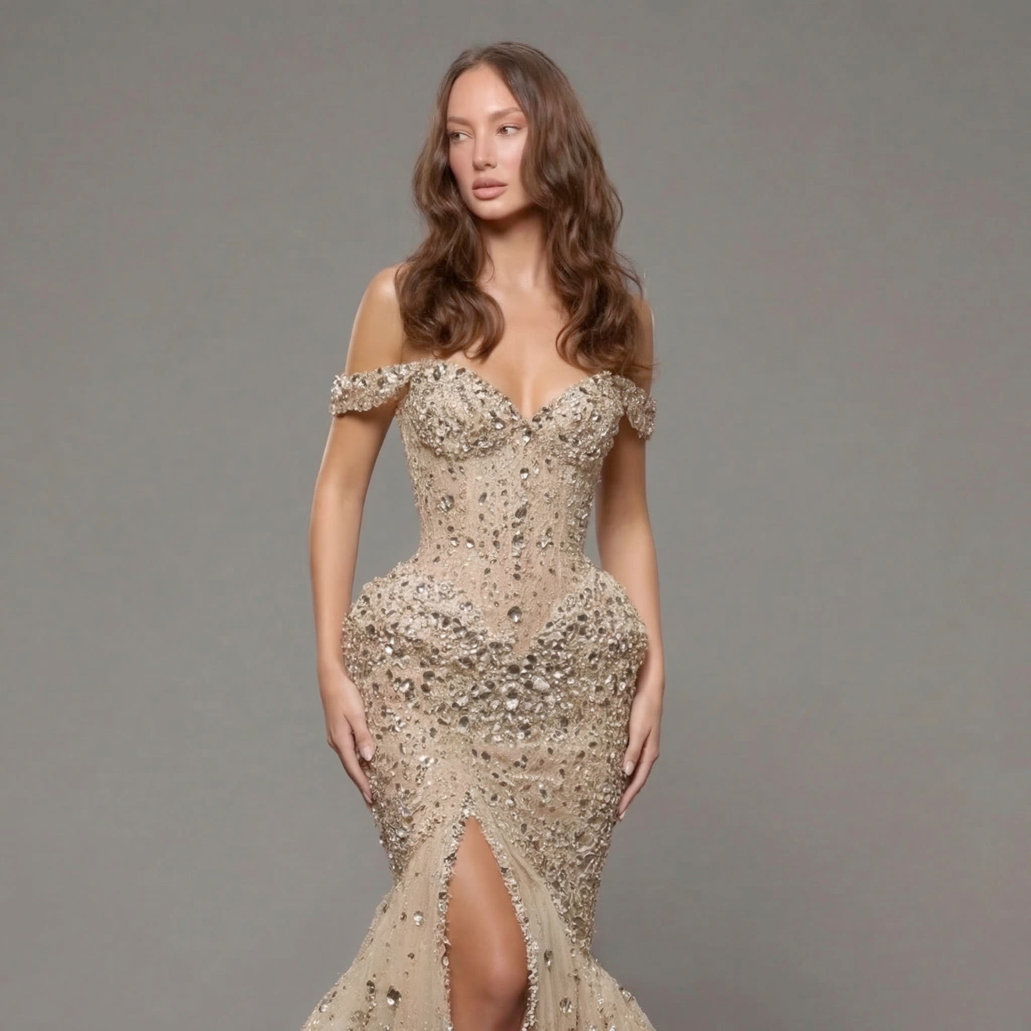 Champagne Off-Shoulder Mermaid Gown with Crystal Embellishments, Sculpted Corset Bodice, High Slit and Soft Tulle Train