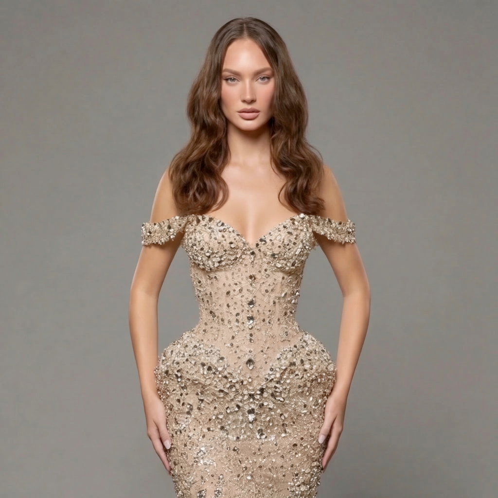 Champagne Off-Shoulder Mermaid Gown with Crystal Embellishments, Sculpted Corset Bodice, High Slit and Soft Tulle Train