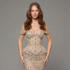 Champagne Off-Shoulder Mermaid Gown with Crystal Embellishments, Sculpted Corset Bodice, High Slit and Soft Tulle Train