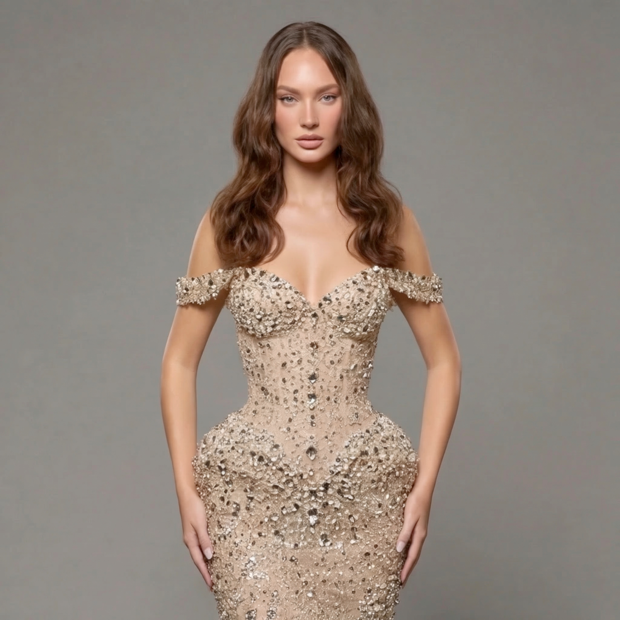 Champagne Off-Shoulder Mermaid Gown with Crystal Embellishments, Sculpted Corset Bodice, High Slit and Soft Tulle Train