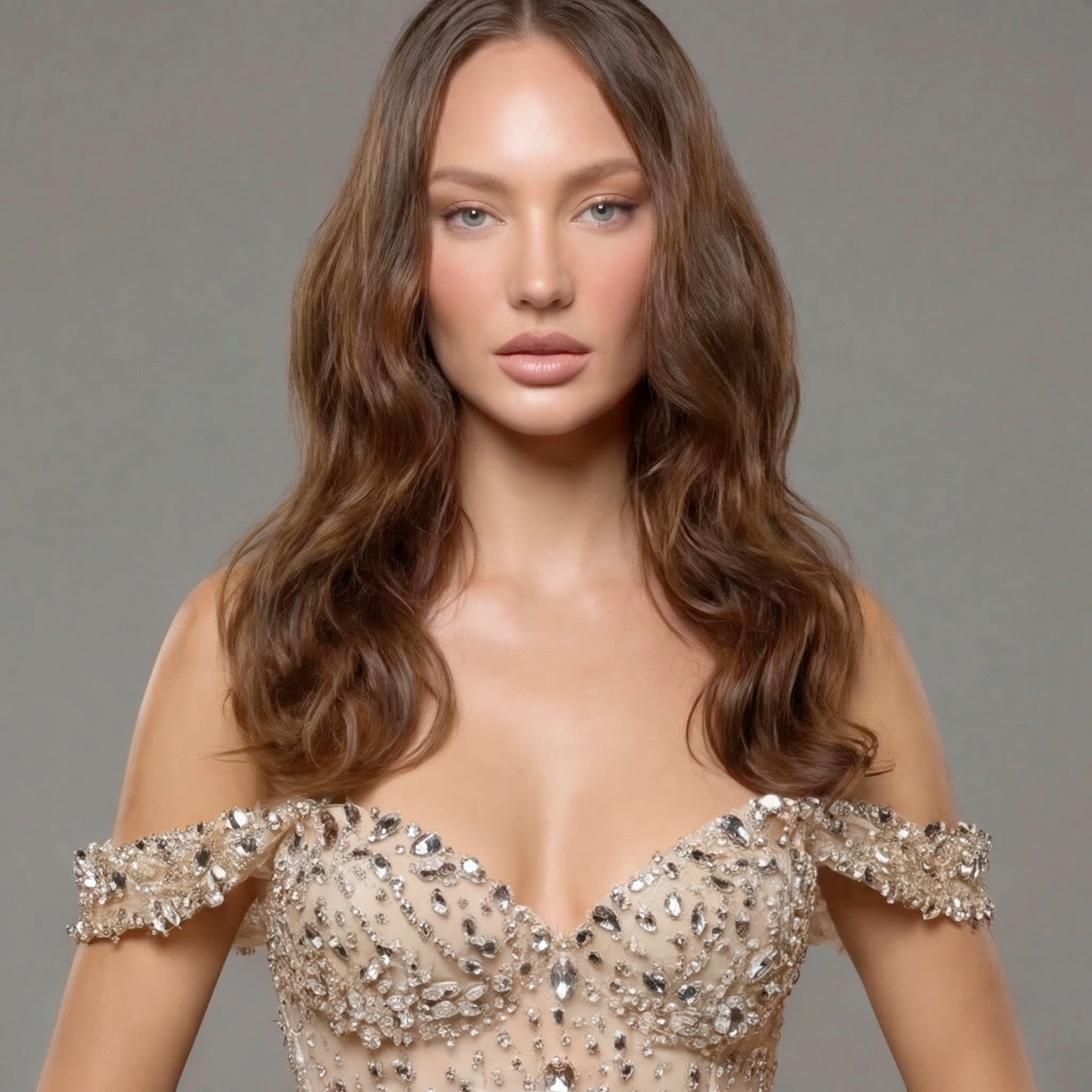 Champagne Off-Shoulder Mermaid Gown with Crystal Embellishments, Sculpted Corset Bodice, High Slit and Soft Tulle Train