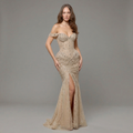Champagne Off-Shoulder Mermaid Gown with Crystal Embellishments, Sculpted Corset Bodice, High Slit and Soft Tulle Train