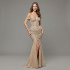 Champagne Off-Shoulder Mermaid Gown with Crystal Embellishments, Sculpted Corset Bodice, High Slit and Soft Tulle Train