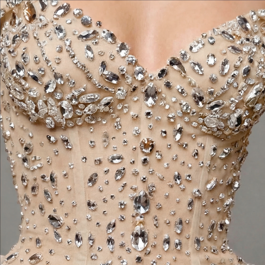 Champagne Off-Shoulder Mermaid Gown with Crystal Embellishments, Sculpted Corset Bodice, High Slit and Soft Tulle Train