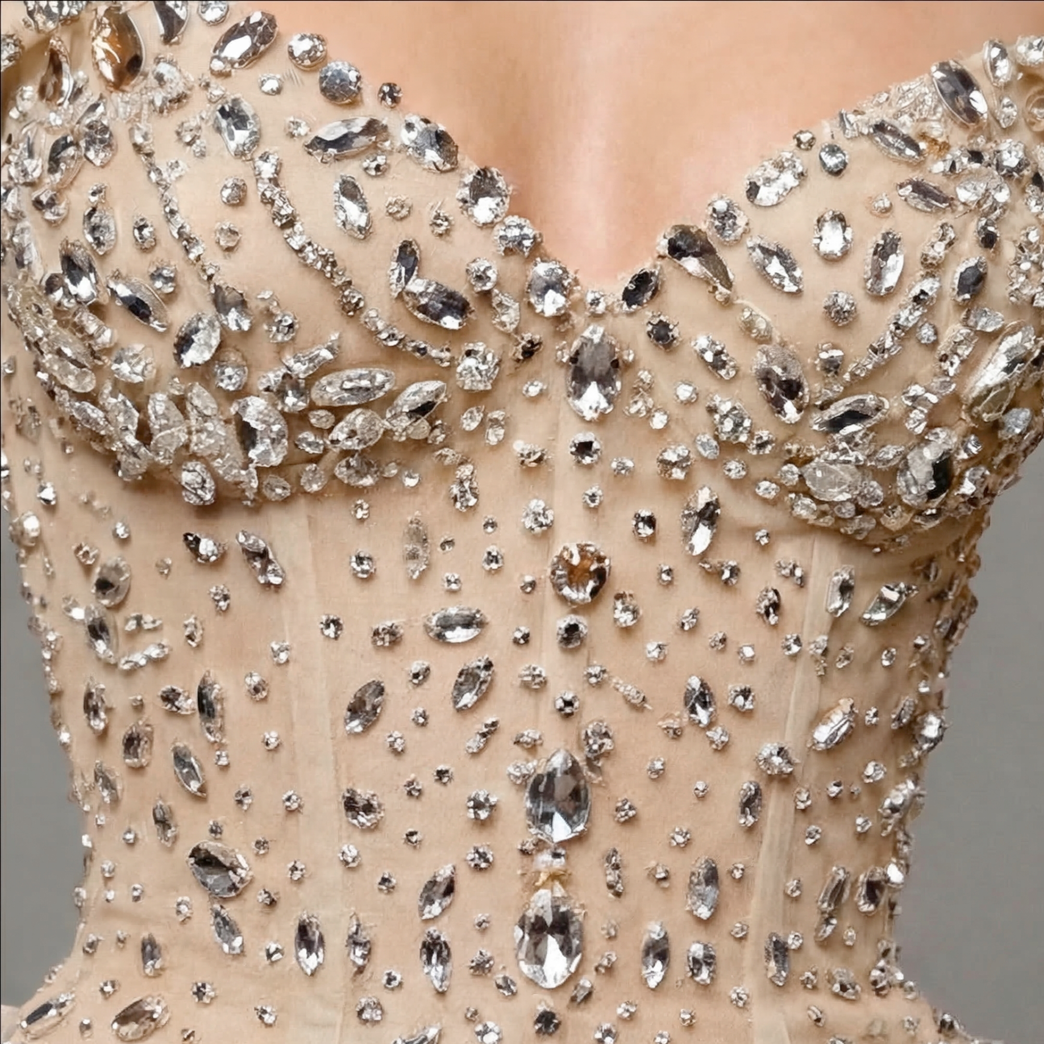 Champagne Off-Shoulder Mermaid Gown with Crystal Embellishments, Sculpted Corset Bodice, High Slit and Soft Tulle Train