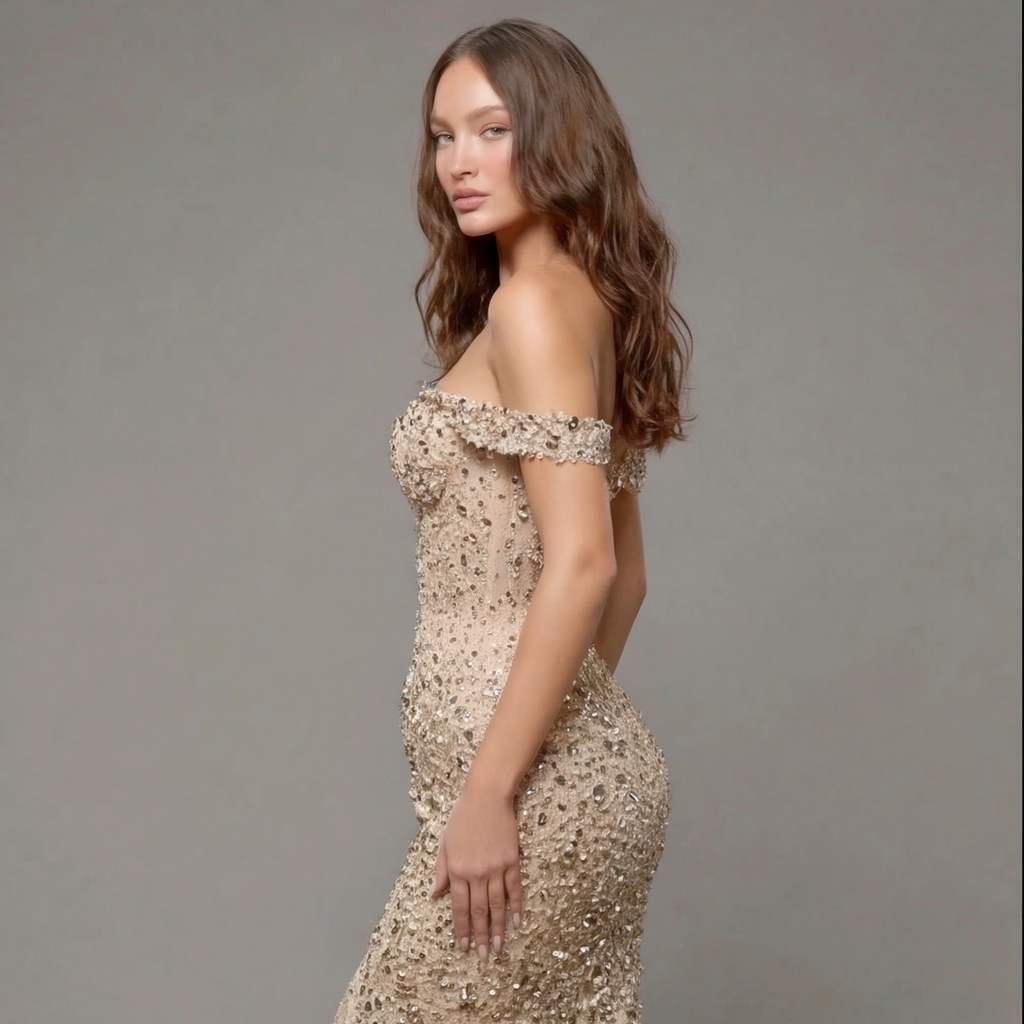 Champagne Off-Shoulder Mermaid Gown with Crystal Embellishments, Sculpted Corset Bodice, High Slit and Soft Tulle Train