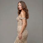 Champagne Off-Shoulder Mermaid Gown with Crystal Embellishments, Sculpted Corset Bodice, High Slit and Soft Tulle Train