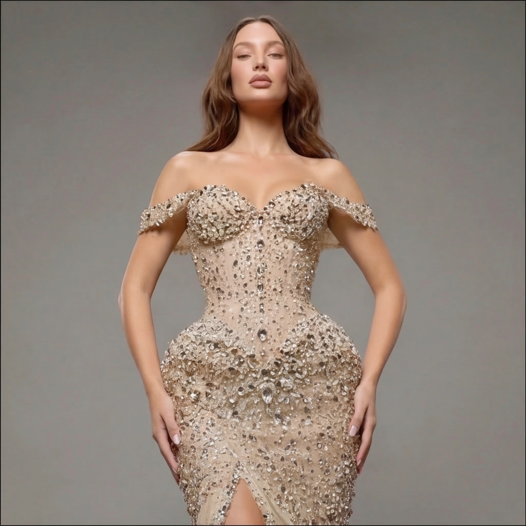 Champagne Off-Shoulder Mermaid Gown with Crystal Embellishments, Sculpted Corset Bodice, High Slit and Soft Tulle Train