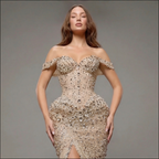 Champagne Off-Shoulder Mermaid Gown with Crystal Embellishments, Sculpted Corset Bodice, High Slit and Soft Tulle Train