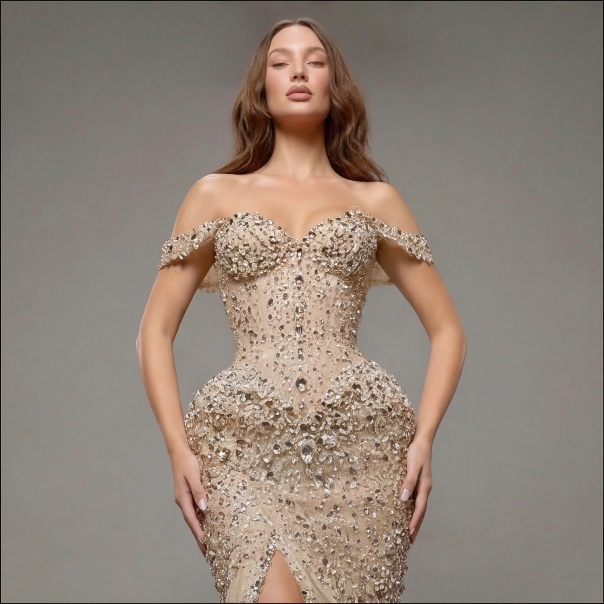 Champagne Off-Shoulder Mermaid Gown with Crystal Embellishments, Sculpted Corset Bodice, High Slit and Soft Tulle Train