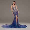 Sapphire Blue Crystal Embellished Mermaid Gown with Deep V Neckline, Sheer Corset Bodice and High Slit