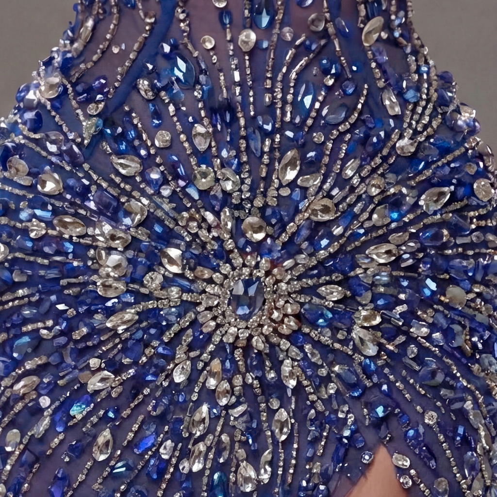 Royal Blue Crystal Embellished Mermaid Gown with Deep V Neckline, Sculpted Corset Fit and High Slit