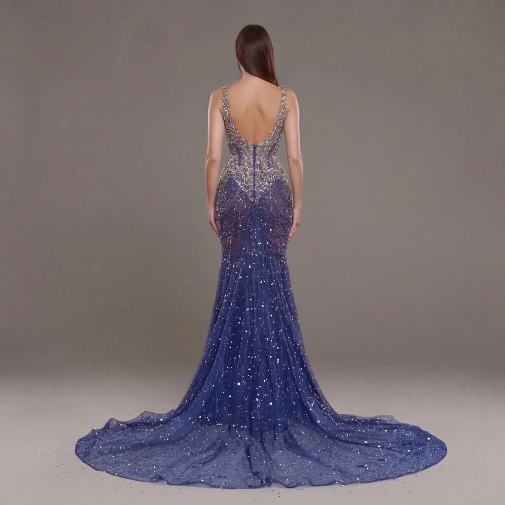 Sapphire Blue Crystal Embellished Mermaid Gown with Deep V Neckline, Sheer Corset Bodice and High Slit