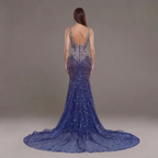 Sapphire Blue Crystal Embellished Mermaid Gown with Deep V Neckline, Sheer Corset Bodice and High Slit