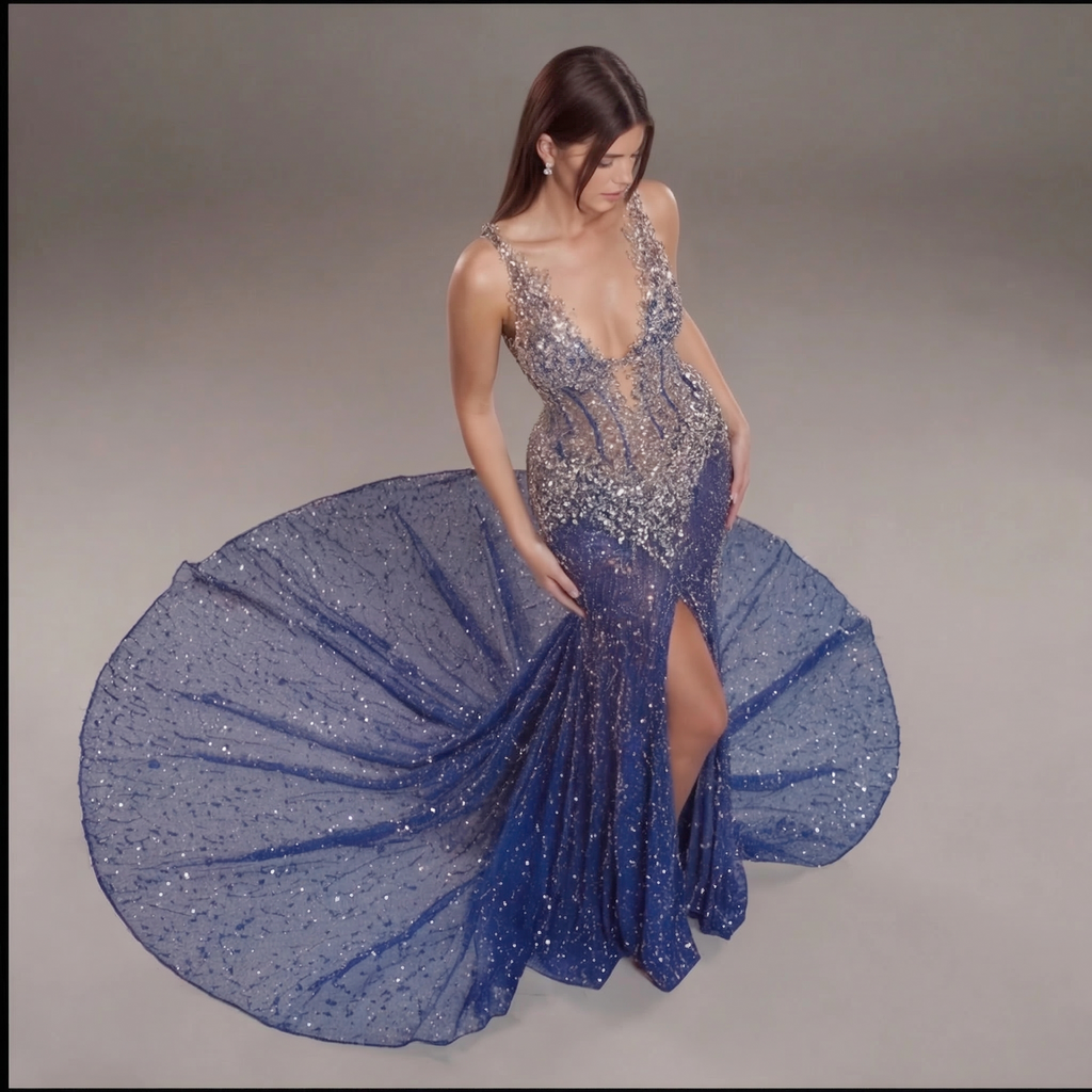 Sapphire Blue Crystal Embellished Mermaid Gown with Deep V Neckline, Sheer Corset Bodice and High Slit