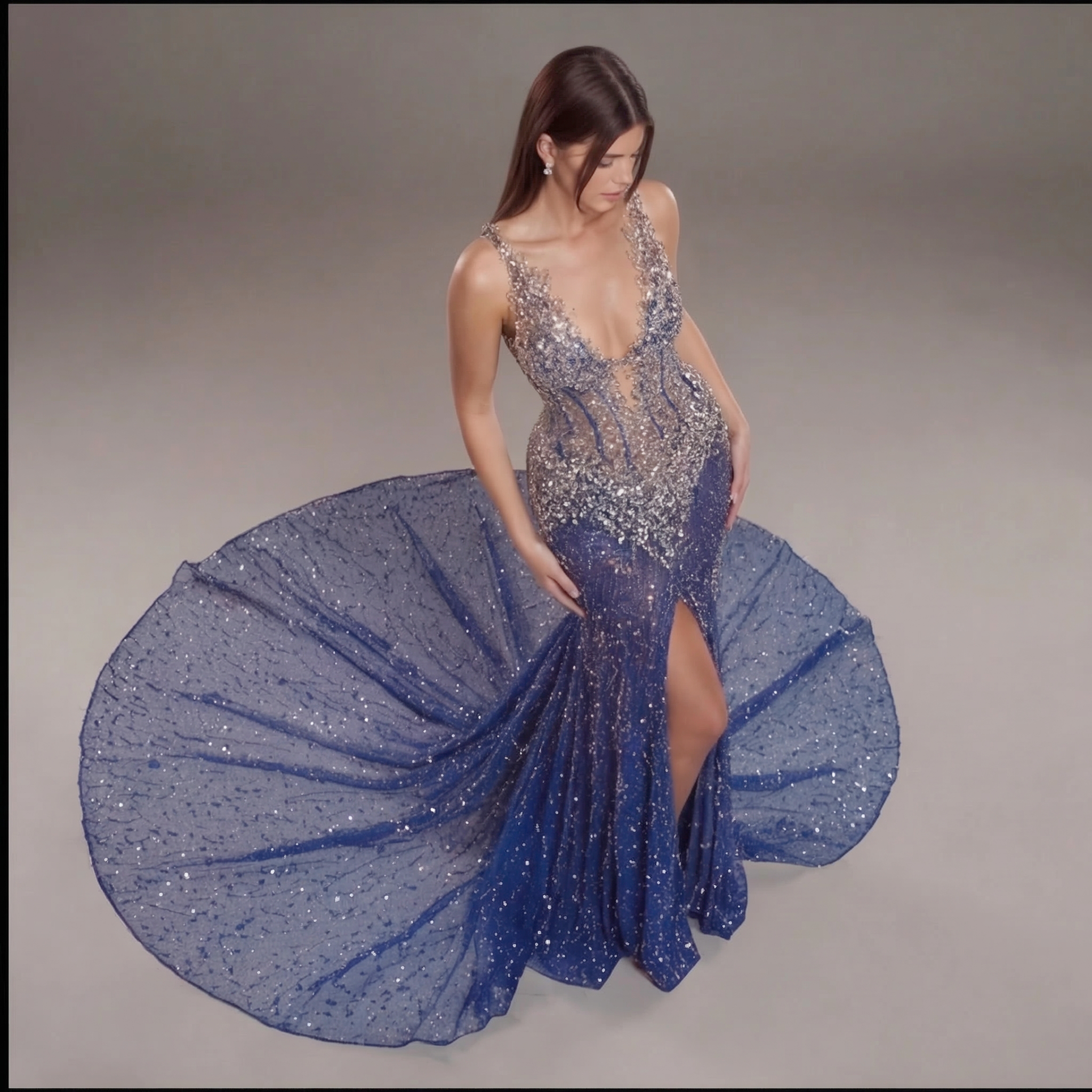 Sapphire Blue Crystal Embellished Mermaid Gown with Deep V Neckline, Sheer Corset Bodice and High Slit