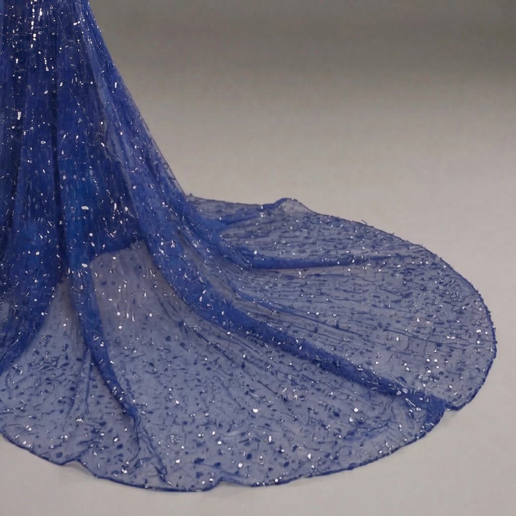 Sapphire Blue Crystal Embellished Mermaid Gown with Deep V Neckline, Sheer Corset Bodice and High Slit